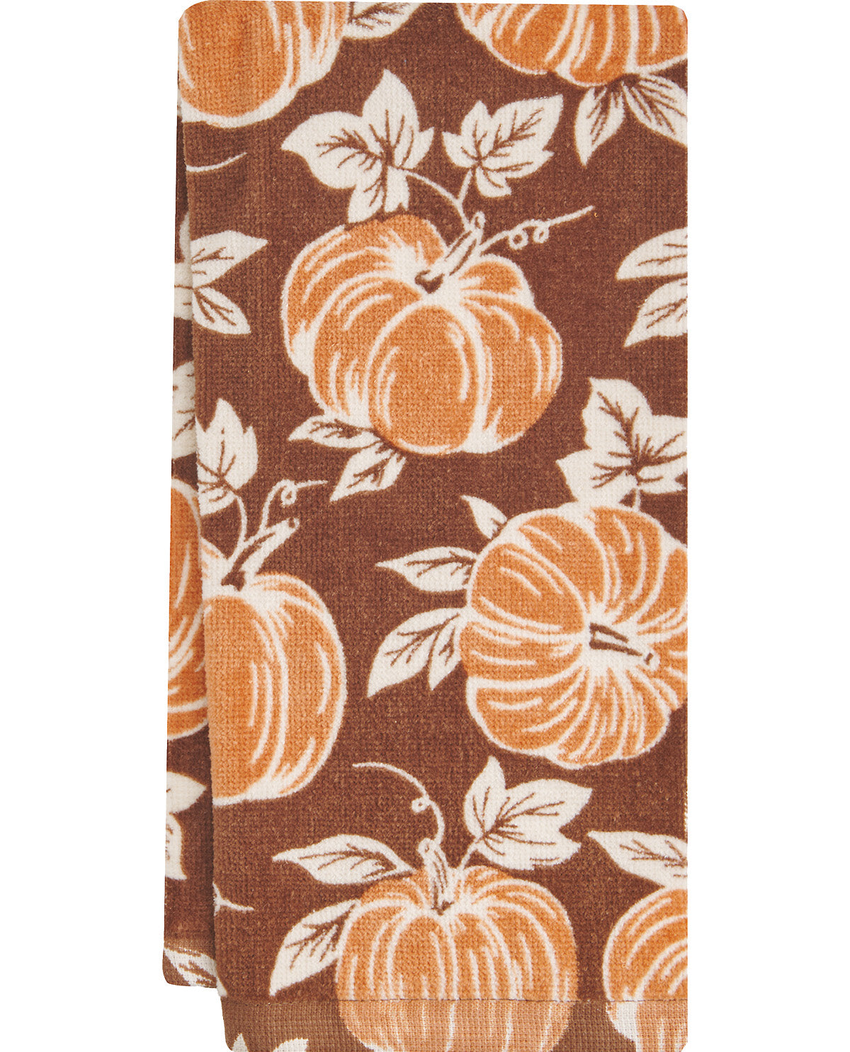 Fabric with orange pumpkins and leaves on a brown background