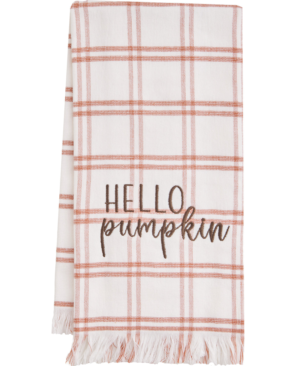 Plaid towel with 'Hello pumpkin' text on a white background