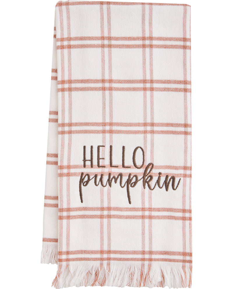Plaid towel with 'Hello pumpkin' text on a white background