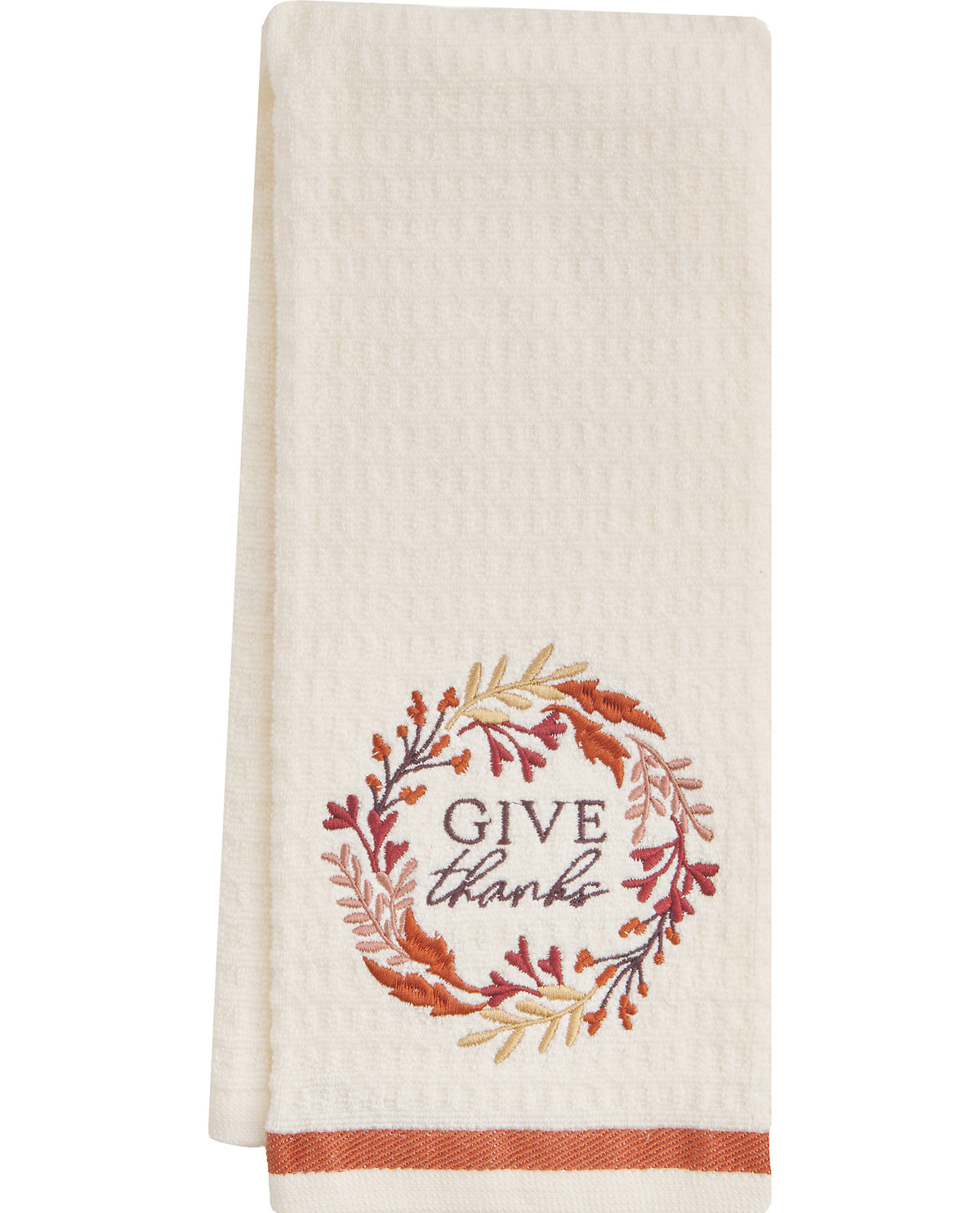 Beige towel with 'Give thanks' text and leaf design on a white background