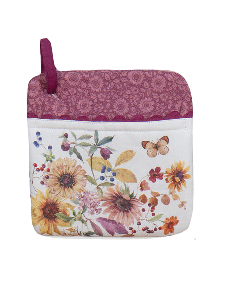 Floral-patterned pot holder with a purple border on a white background