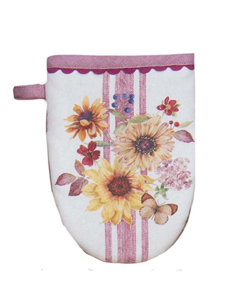 Floral patterned oven mitt with sunflowers and stripes on a white background