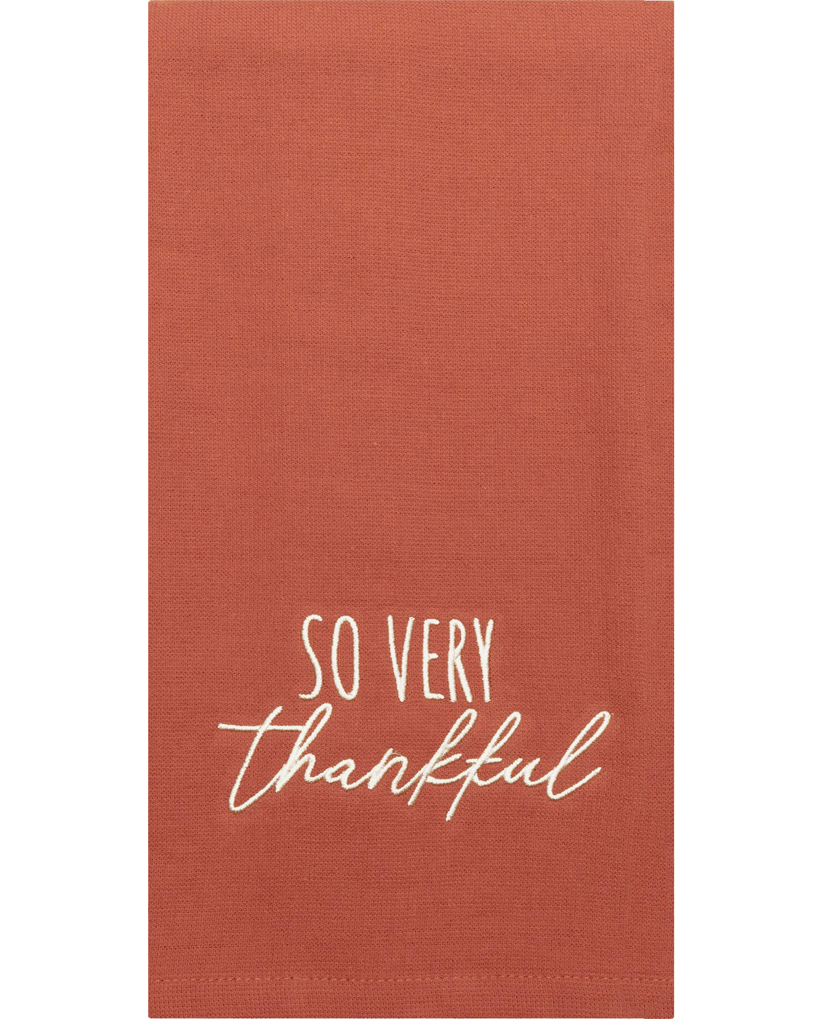 Brown towel with 'So Very Thankful' text on a white background