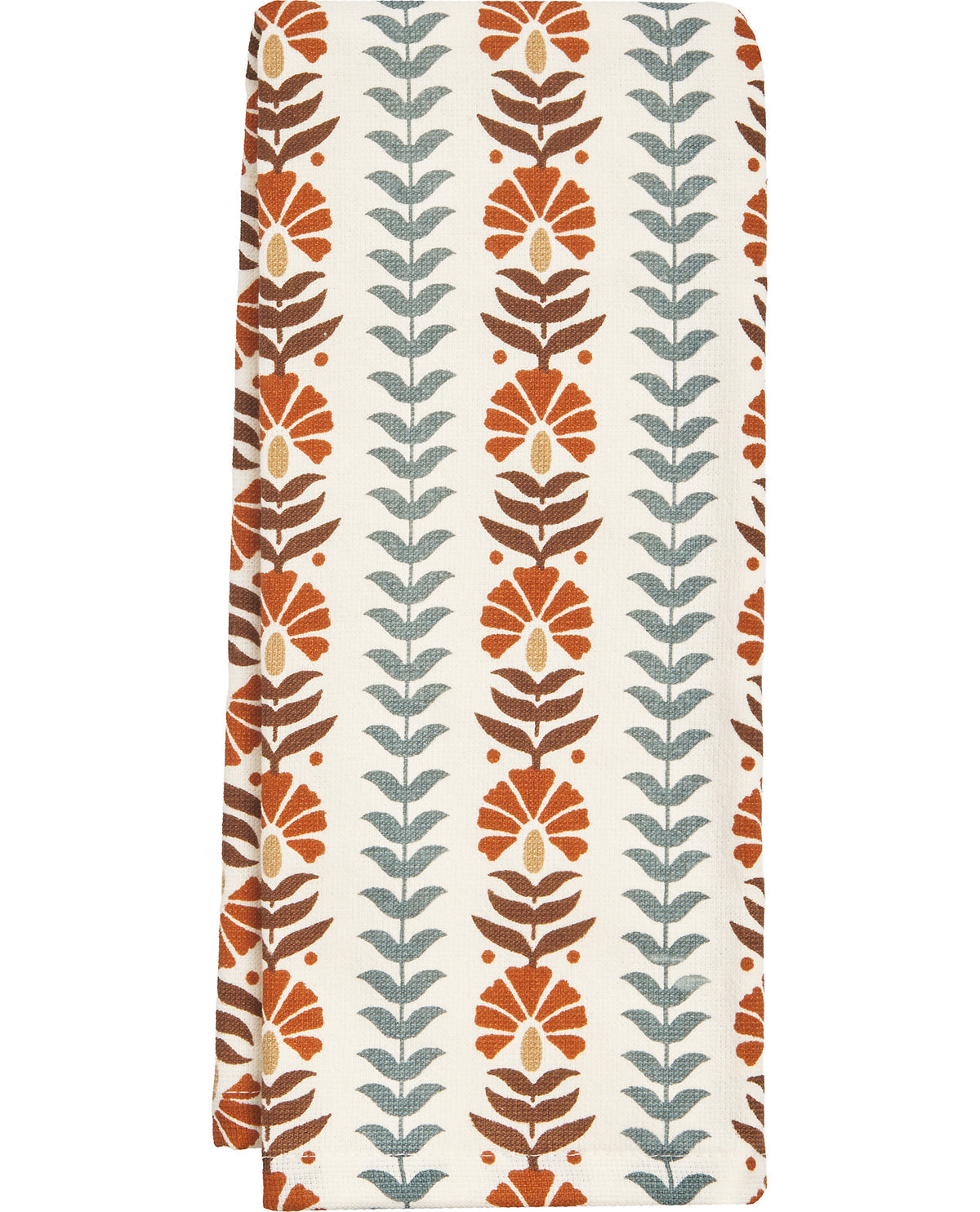 Patterned fabric with vertical leaf design on a white background