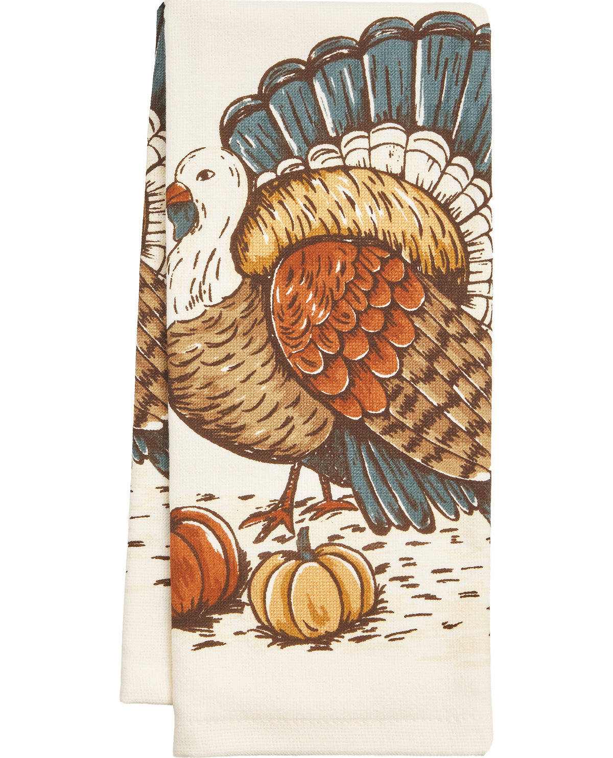 Towel with a turkey design and pumpkins on a white background