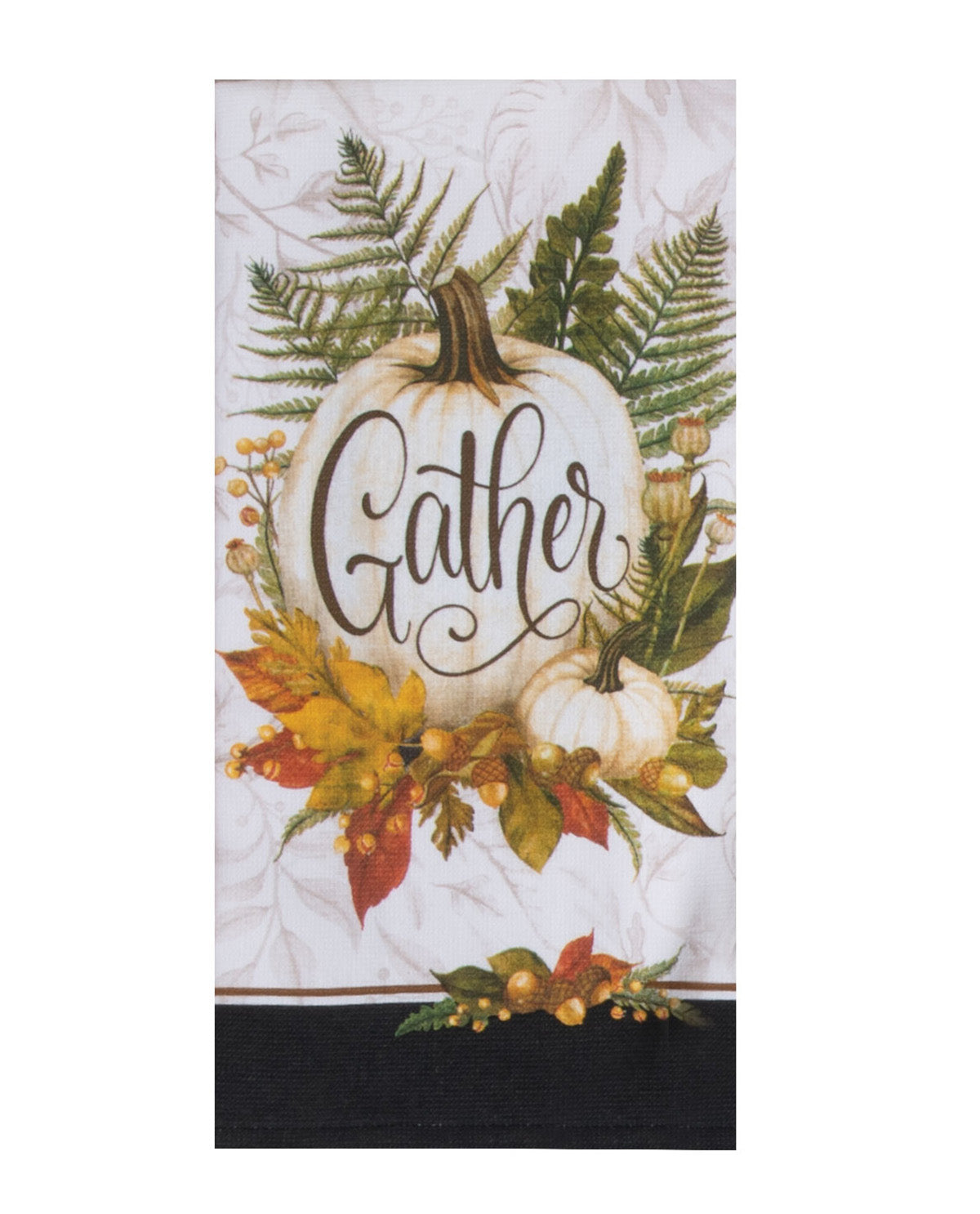 Decorative kitchen towel with pumpkins and the word 'Gather' on a white background