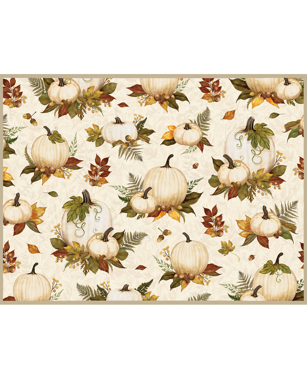 Patterned fabric with pumpkins and leaves on a beige background