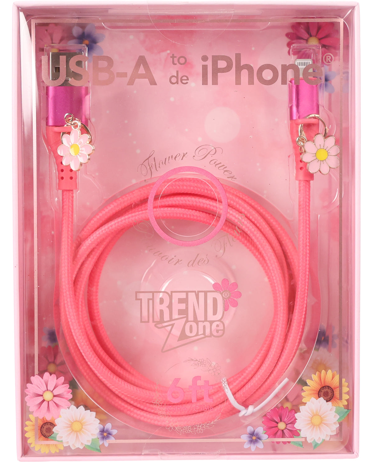 Pink USB-A to iPhone cable in a clear plastic gift box with floral decorations and the TREND Zone logo.