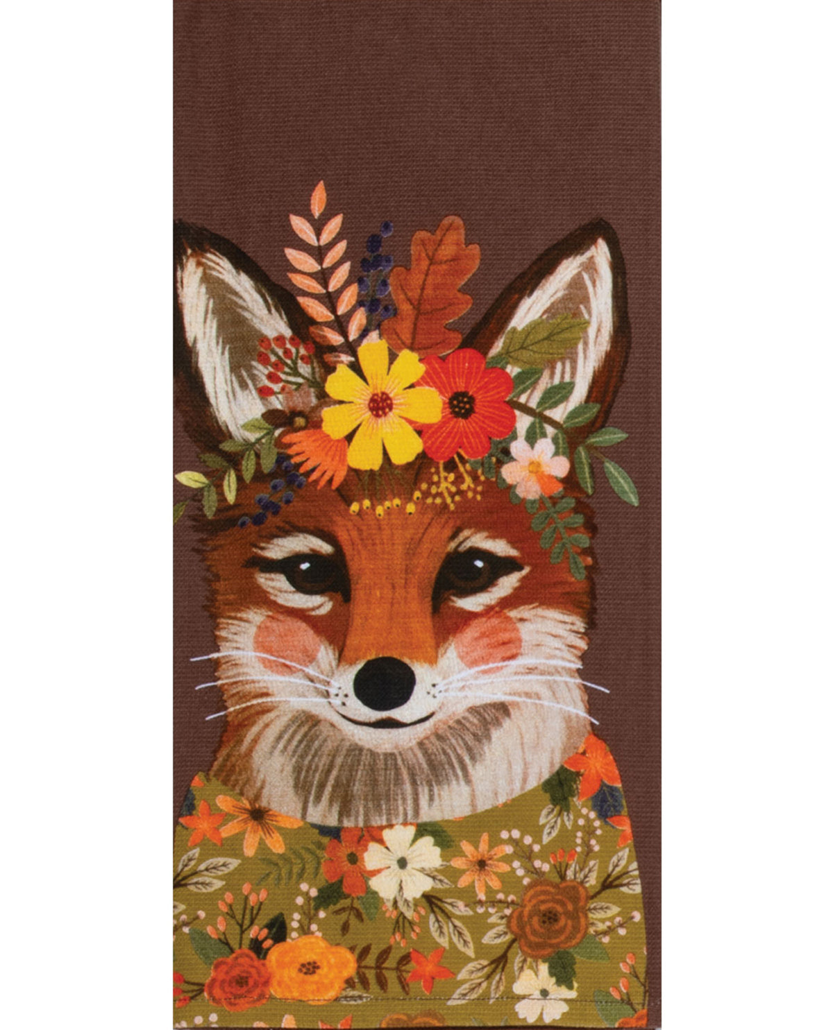 A vertical rectangular textile featuring a stylized fox face with a floral crown and floral patterned collar, set against a dark brown background.