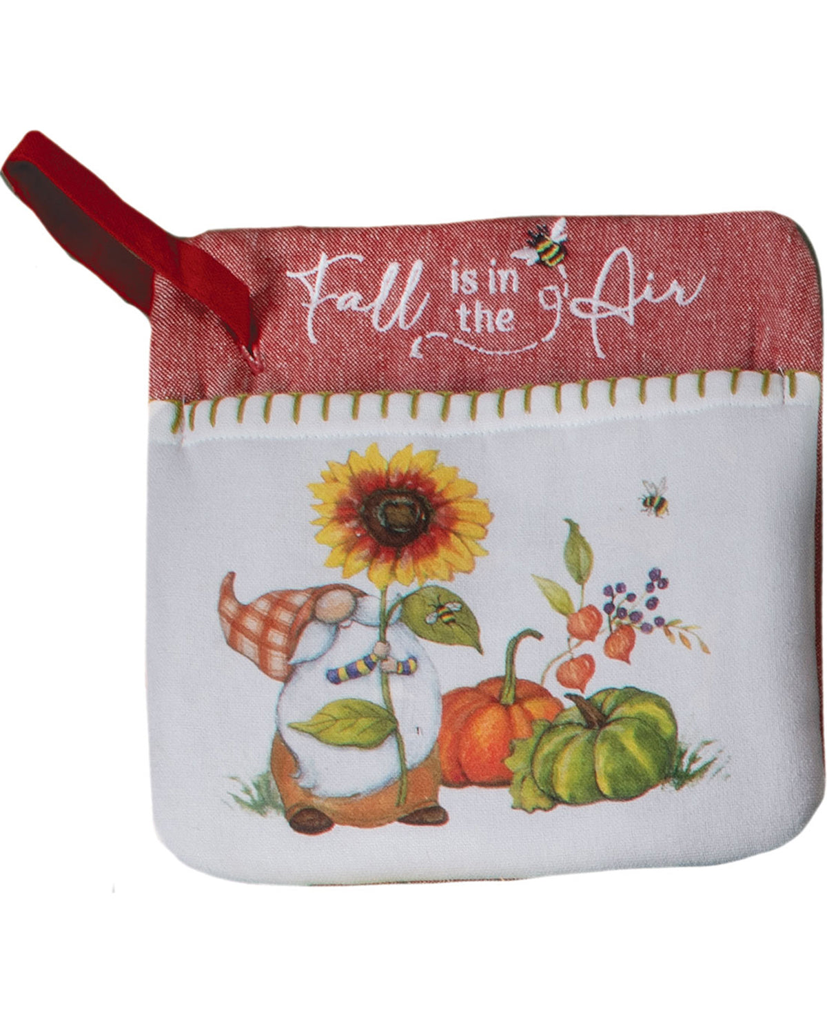 Small pouch with 'Fall is in the Air' text, sunflower, gnome, and pumpkins on a white background