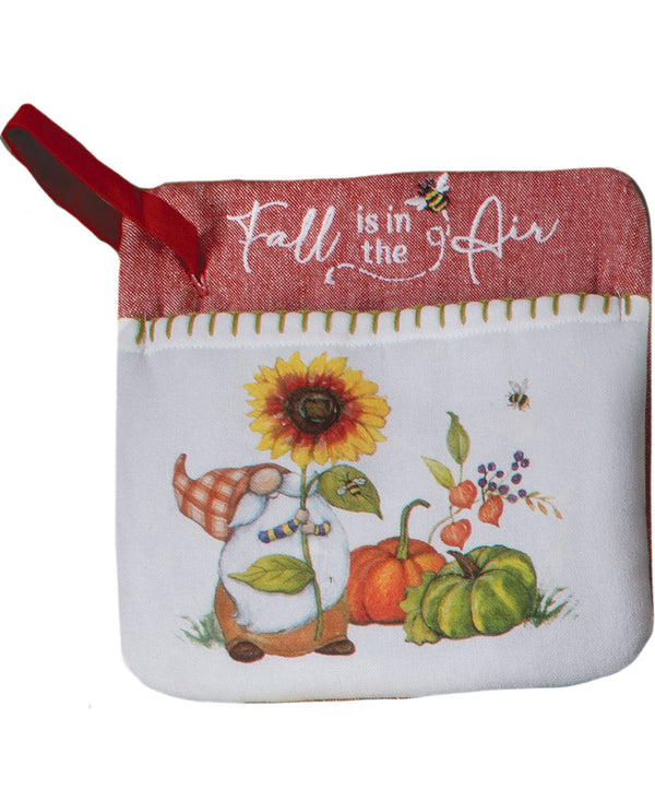 Small pouch with 'Fall is in the Air' text, sunflower, gnome, and pumpkins on a white background