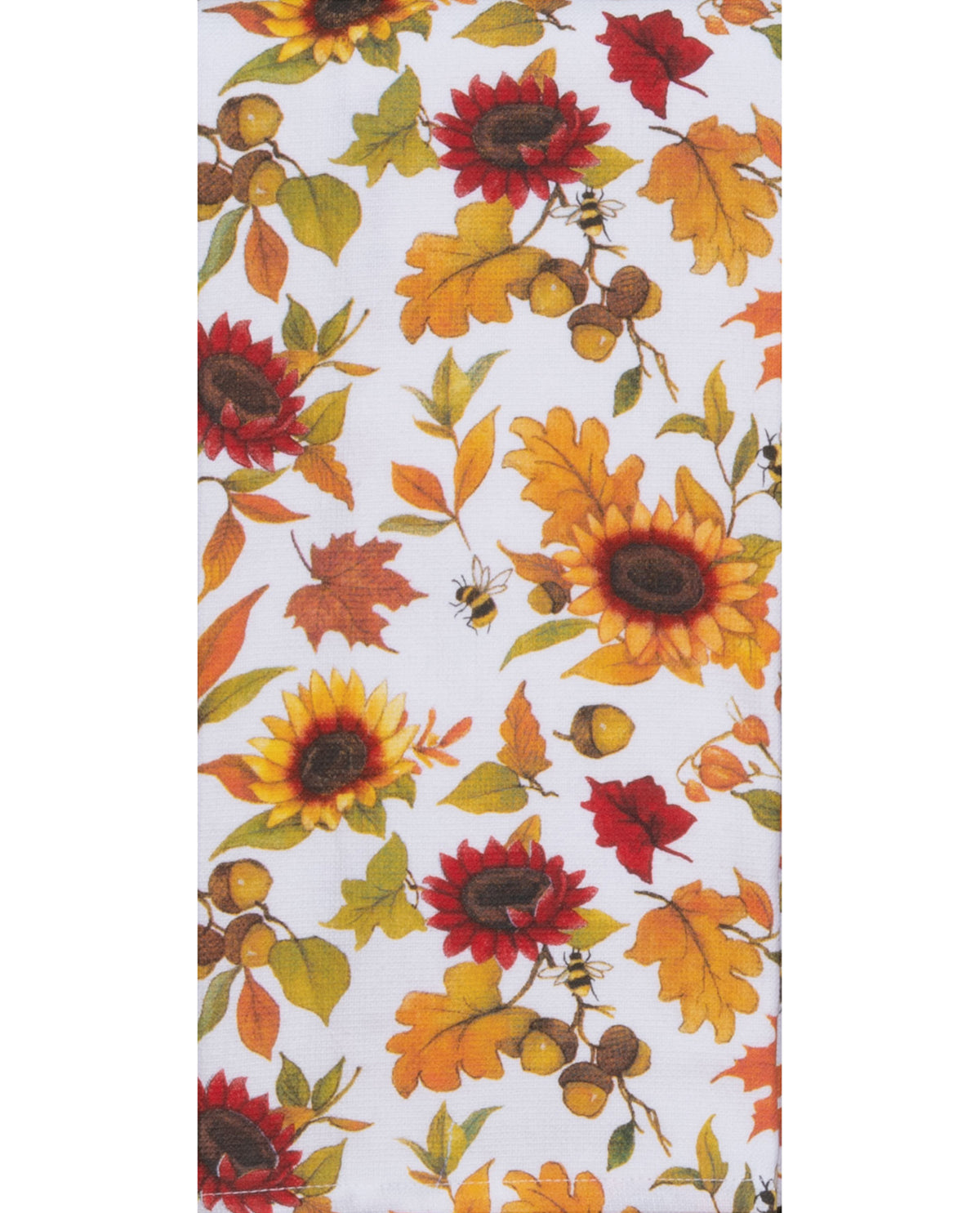 Fabric with autumn-themed pattern featuring sunflowers, leaves, and acorns on a white background.