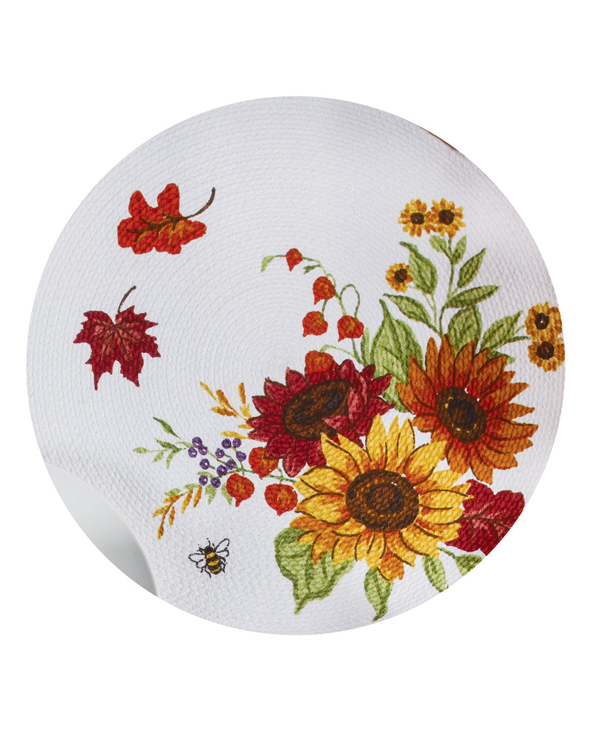 Round white coaster with autumn-themed floral and leaf design on a white background