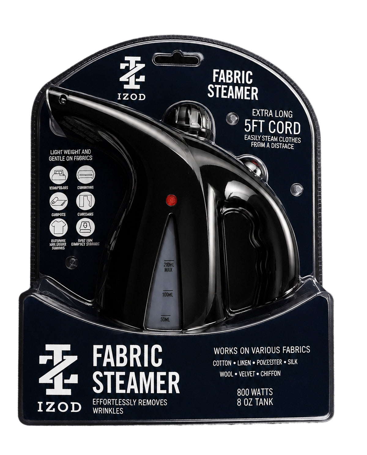 Fabric steamer with packaging displaying IZOD branding on a white background