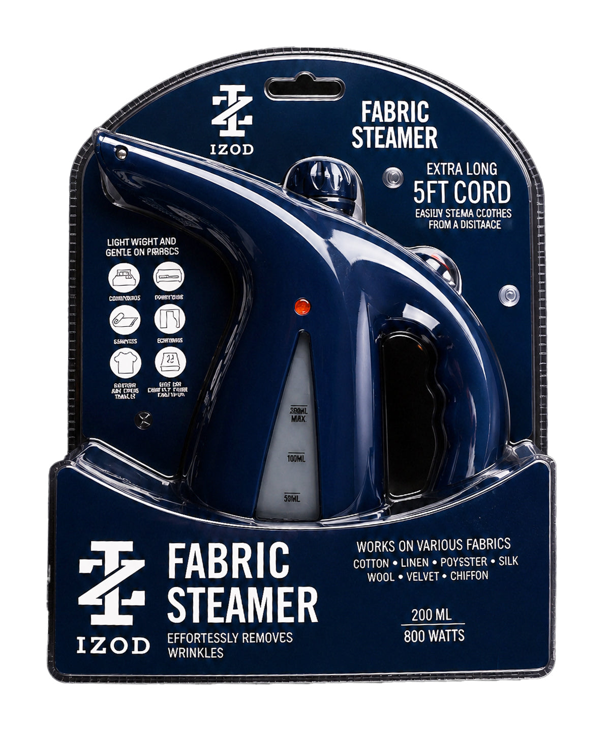 Izod fabric steamer in packaging with blue and white design