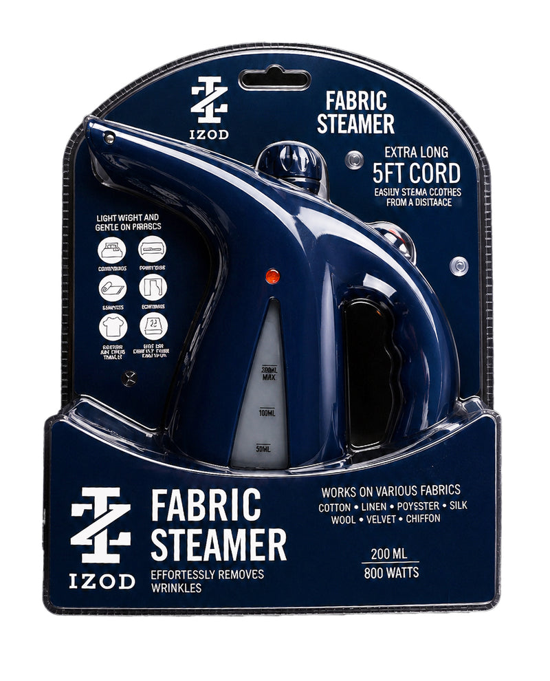 Izod fabric steamer in packaging with blue and white design