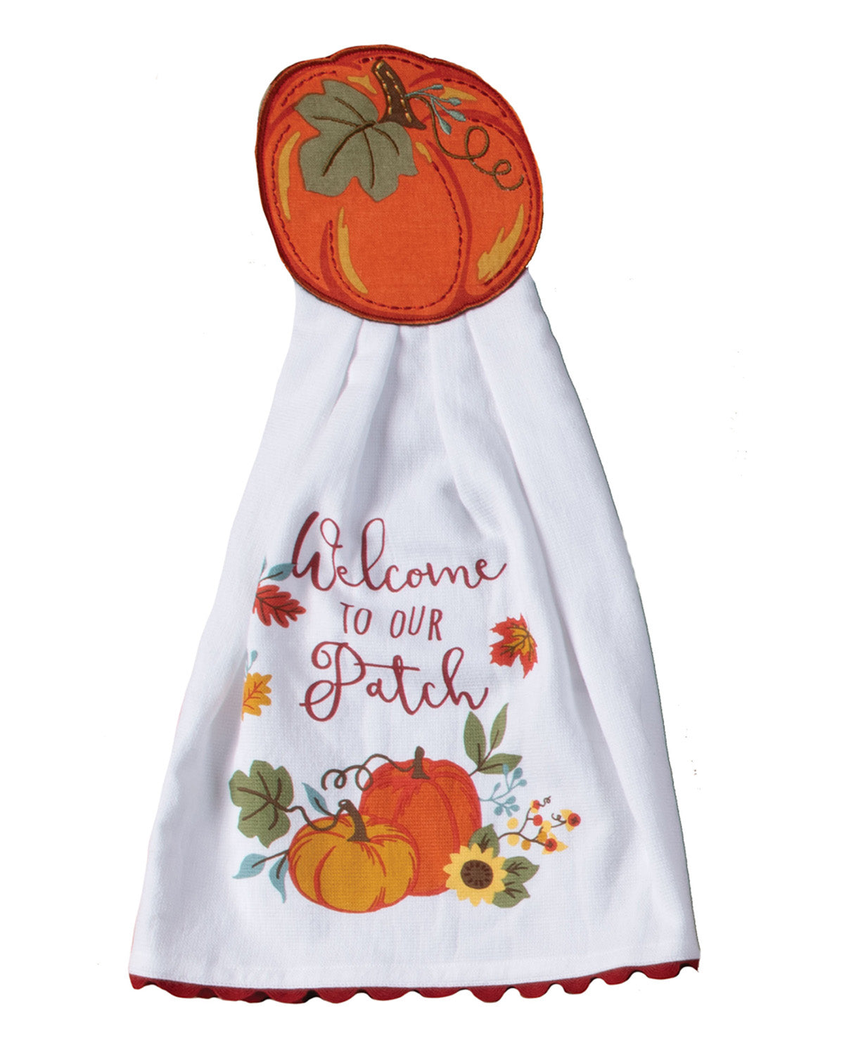 Decorative hanging towel with pumpkin design and 'Welcome to our Patch' text on a white background