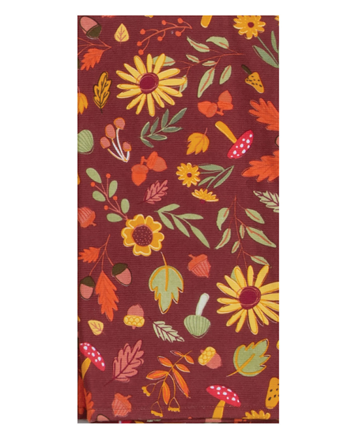 Decorative mat with autumn-themed pattern on a red background
