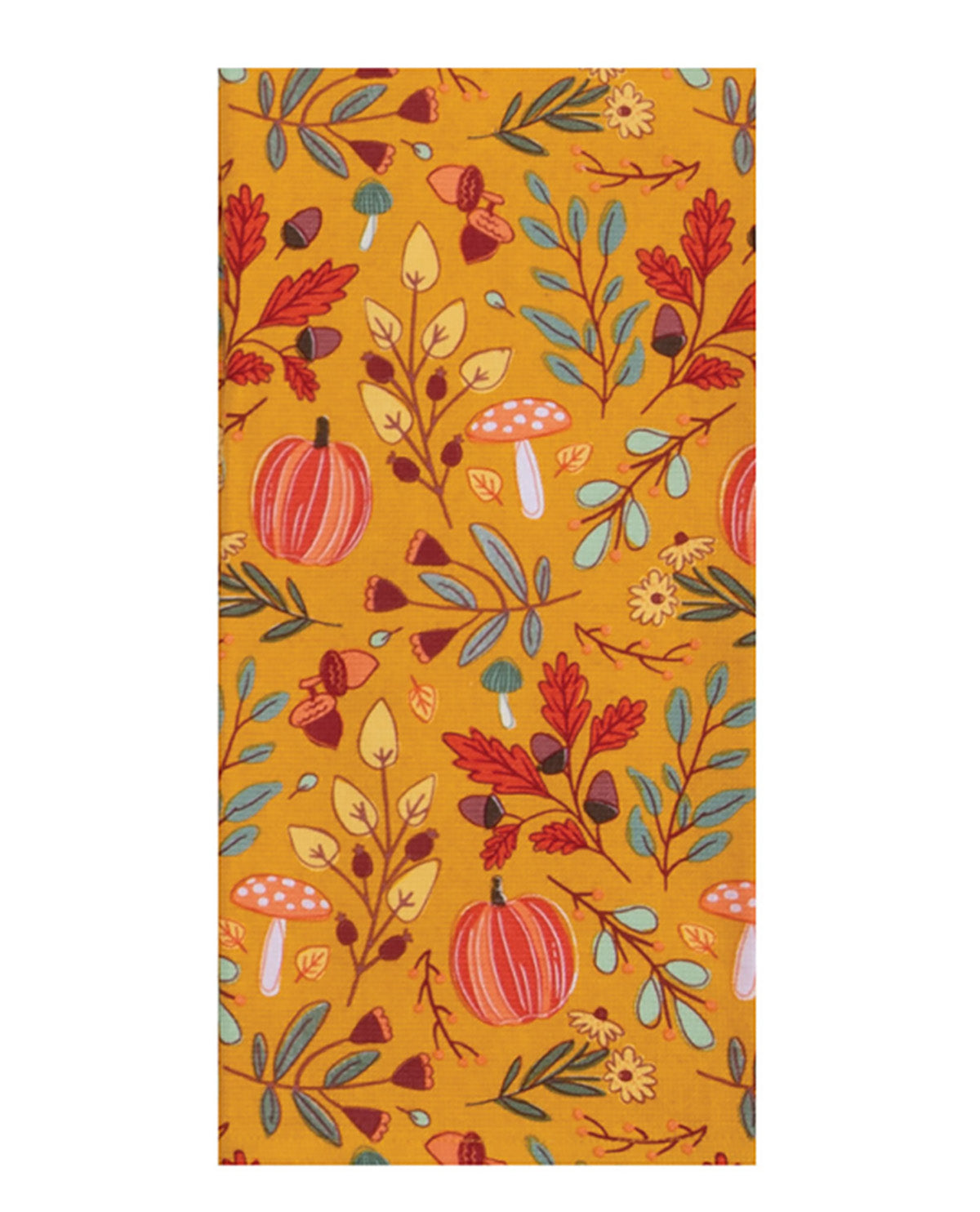 Patterned fabric with pumpkins, leaves, and mushrooms on a yellow background