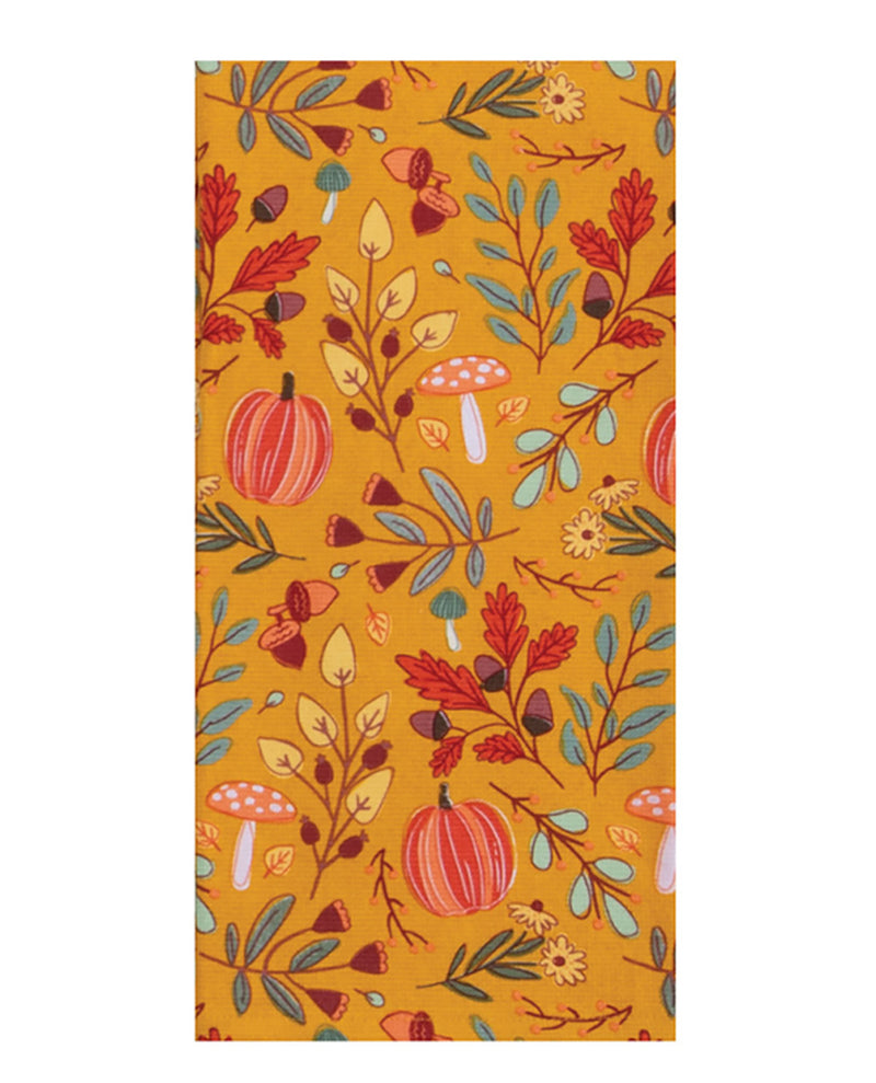 Patterned fabric with pumpkins, leaves, and mushrooms on a yellow background