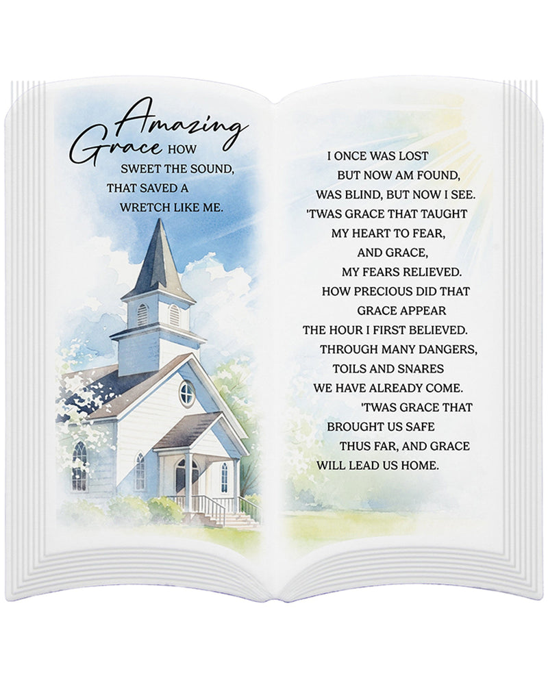 Open book with 'Amazing Grace' text and a church illustration on a white background