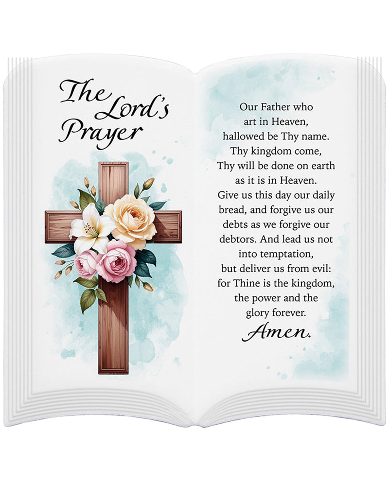 Open book with 'The Lord's Prayer' text and a cross illustration on a white background