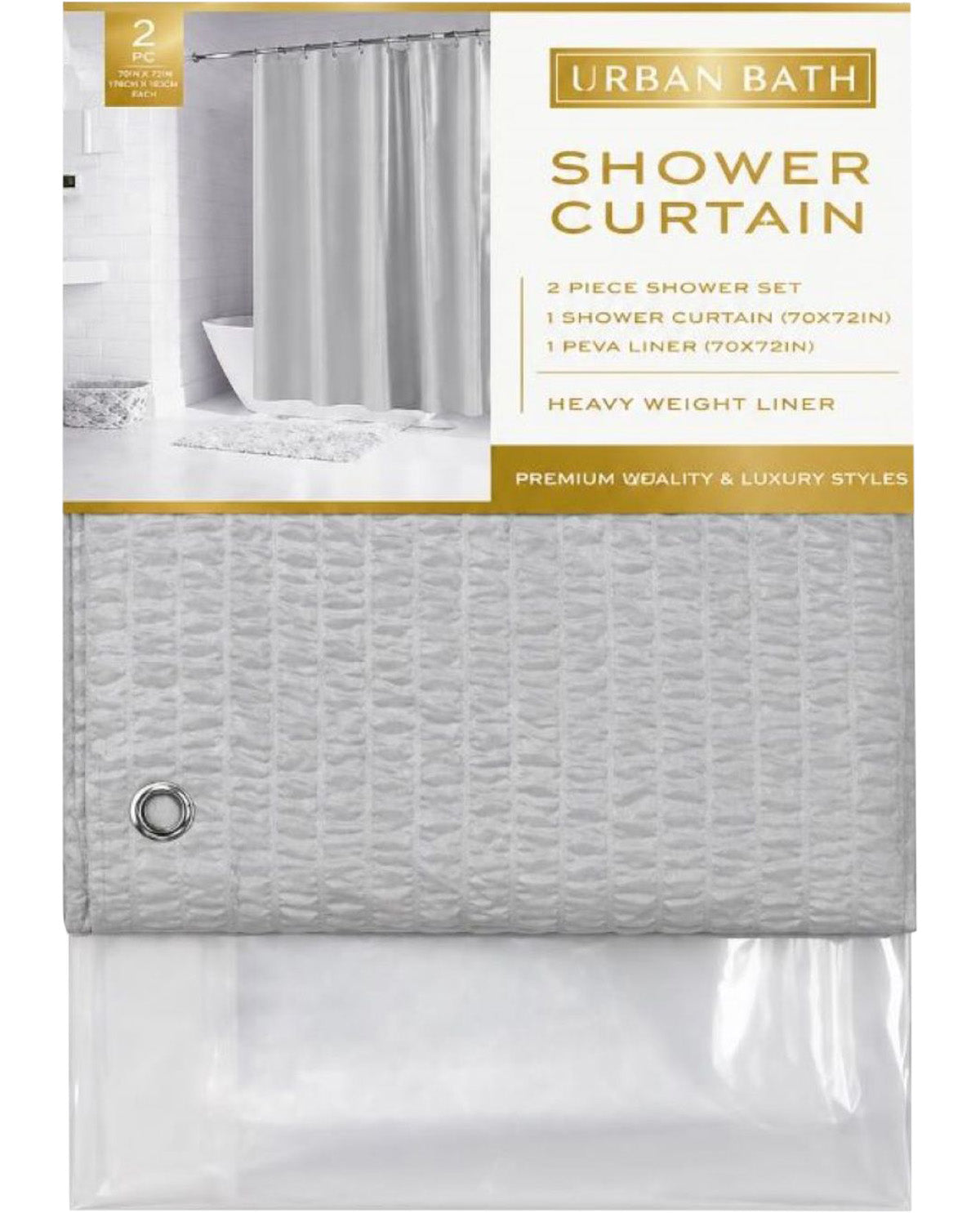 Packaged shower curtain with liner on a white background