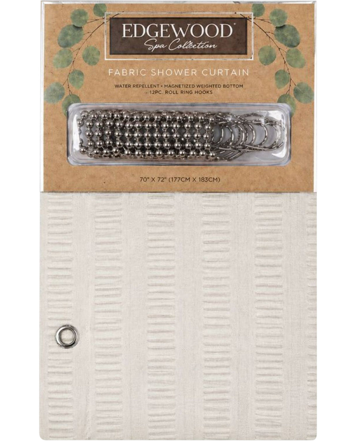 Fabric shower curtain with metal rings on a brown package labeled 'Edgewood'.