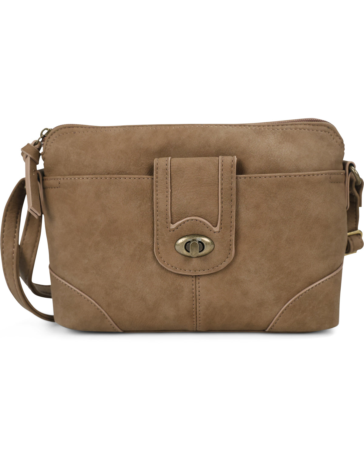 A taupe brown faux-leather crossbody bag with a front flap pocket and a gold-tone metal clasp, shown against a plain white background.