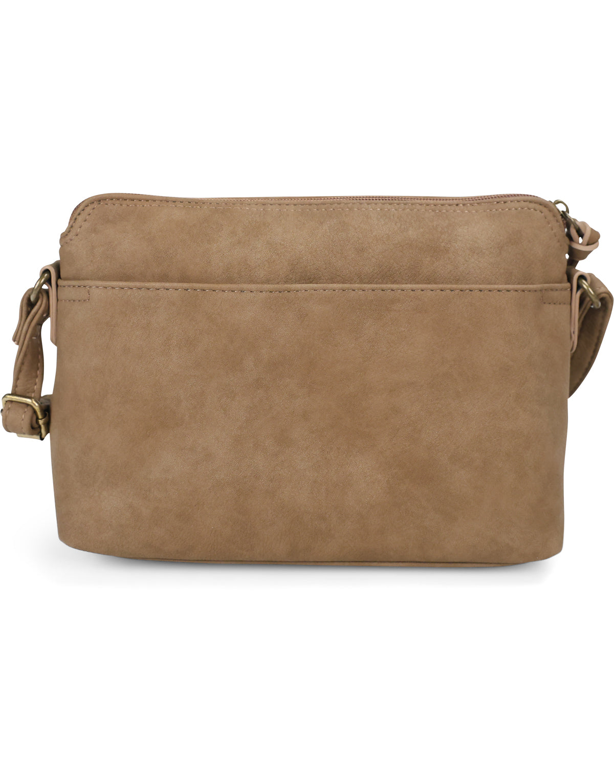 A tan faux-leather crossbody bag with a front zippered pocket and a matching adjustable shoulder strap, shown against a plain white background.
