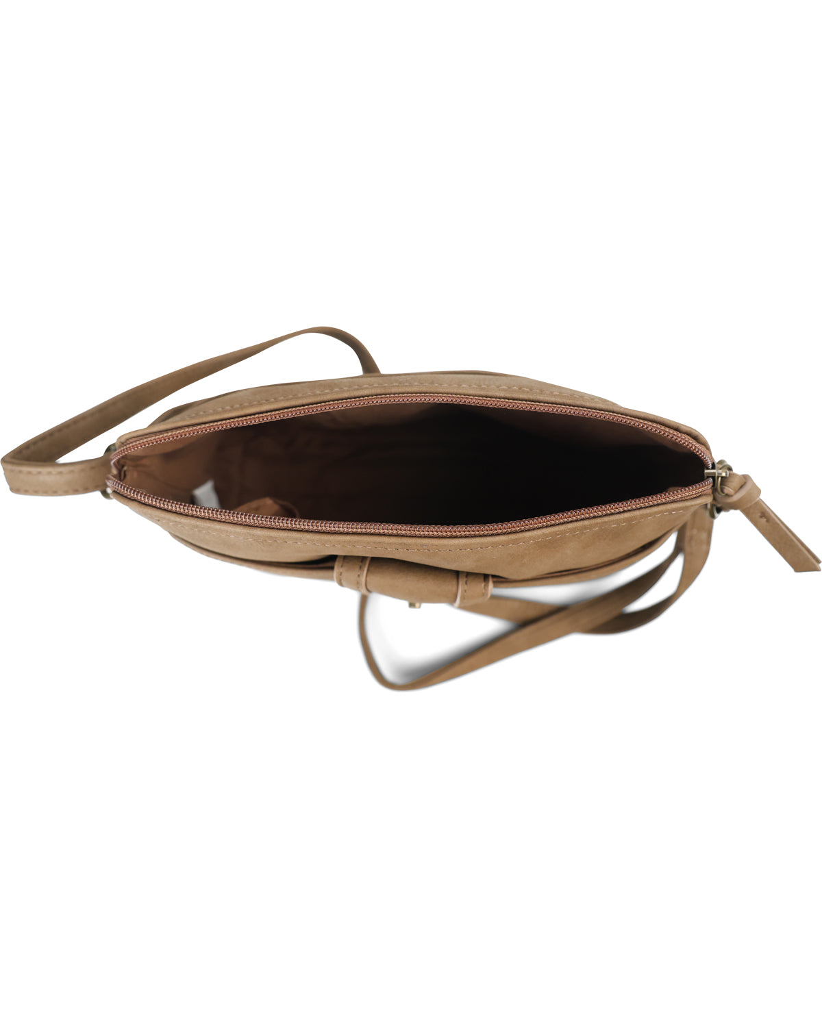 A tan faux-leather crossbody bag shown from an overhead angle, open to reveal a dark brown interior, with a matching tan strap and zipper pull on a white background.