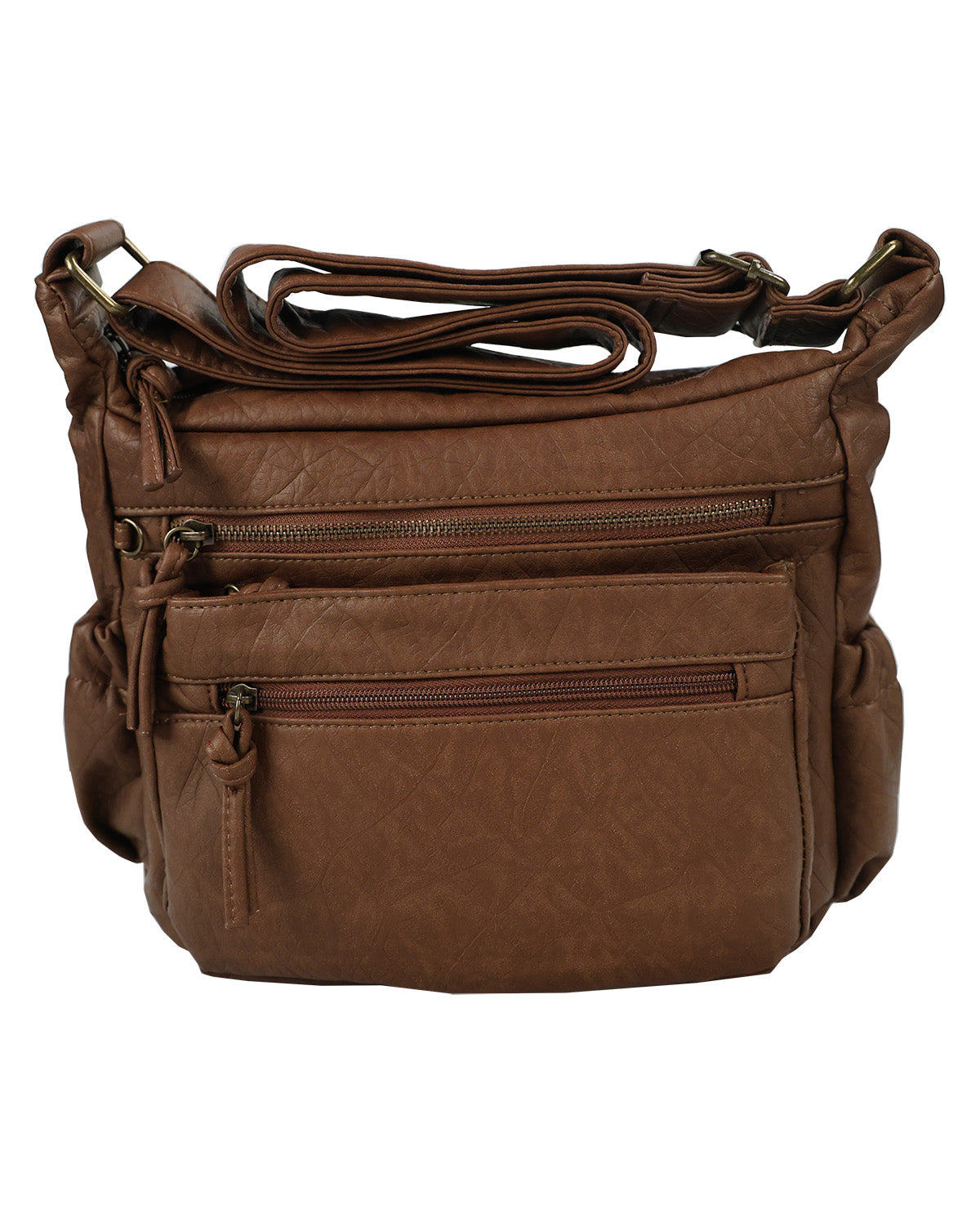A brown faux-leather crossbody bag with multiple zippered pockets and an adjustable shoulder strap, shown against a plain white background.