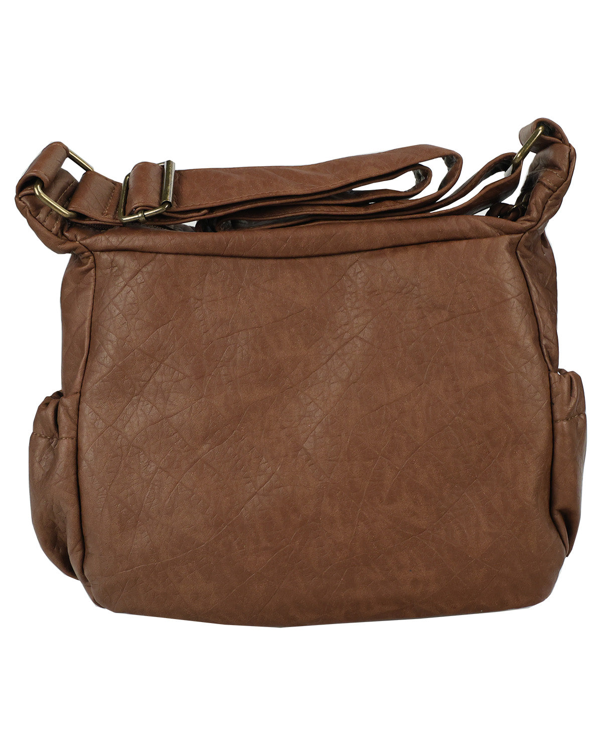 A brown faux-leather shoulder bag with a textured crinkle finish, adjustable shoulder strap, and side pockets, shown against a plain white background.