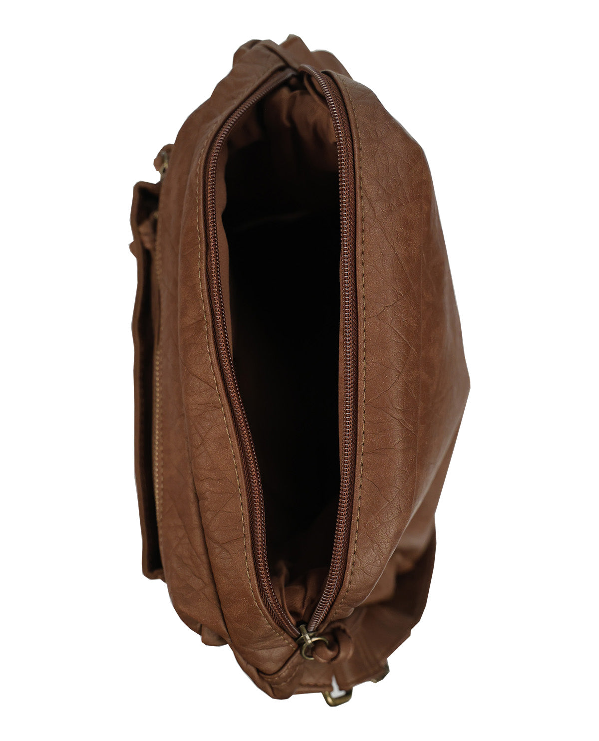 A brown faux-leather clutch bag shown from a top-down view with the main zipper open, revealing a dark interior, on a solid white background.
