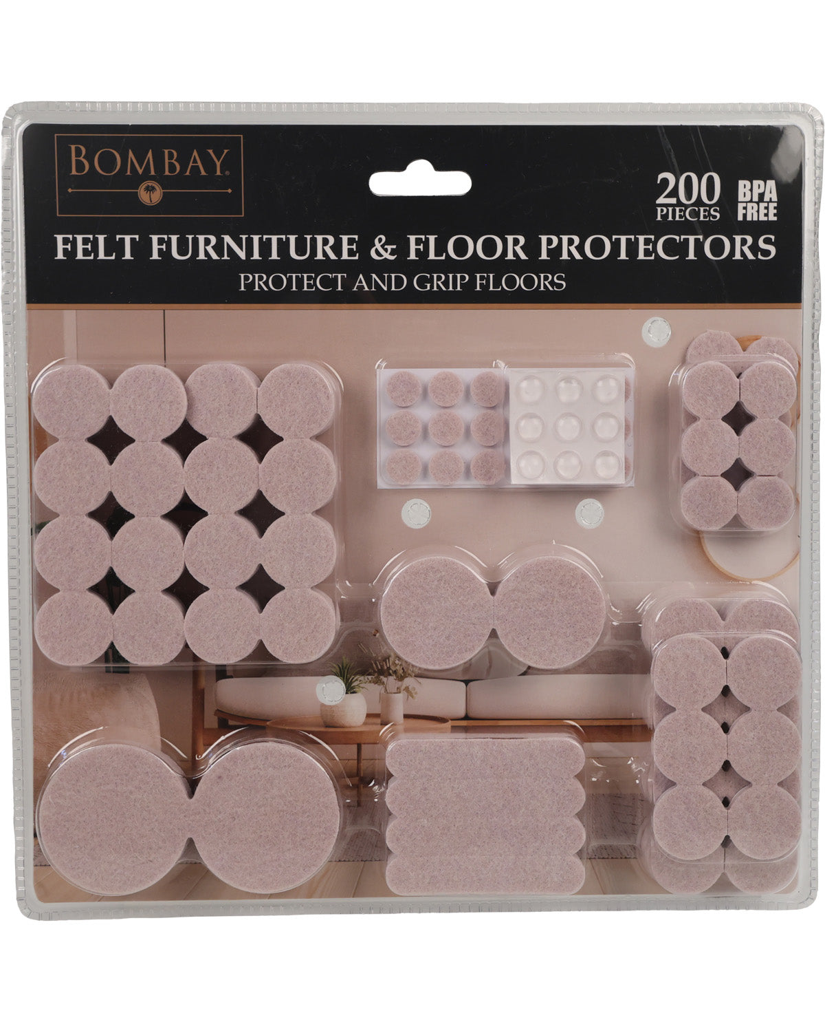 Bombay felt furniture and floor protectors in a clear plastic blister pack with a black header card. The set includes round, oval, and rectangular felt pads in a dusty pink color, with text indicating 200 pieces and BPA free.