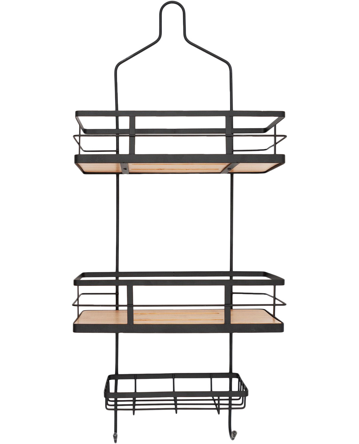 Black metal shelf with wooden shelves on a white background