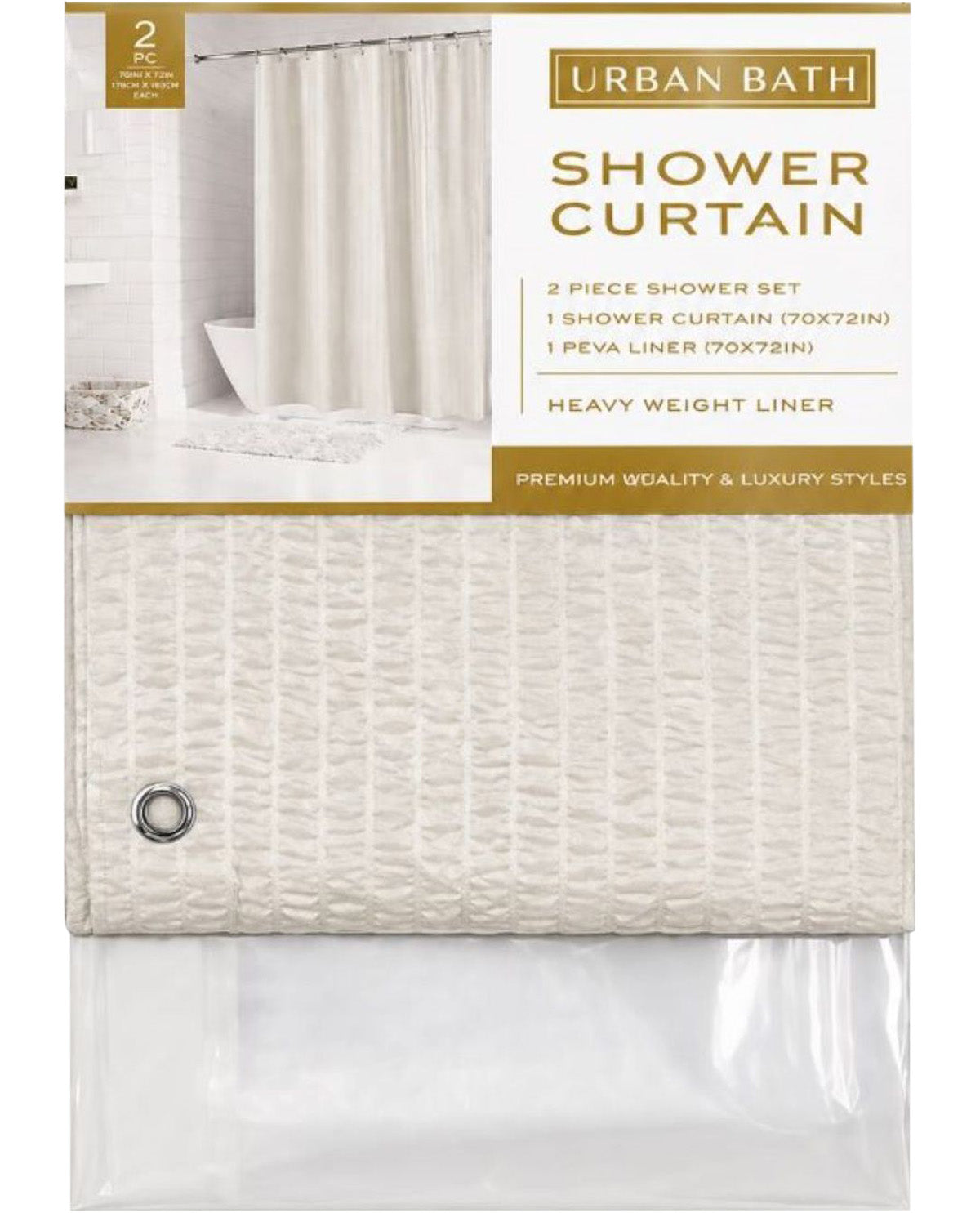 Packaged shower curtain set with Urban Bath branding on a white background