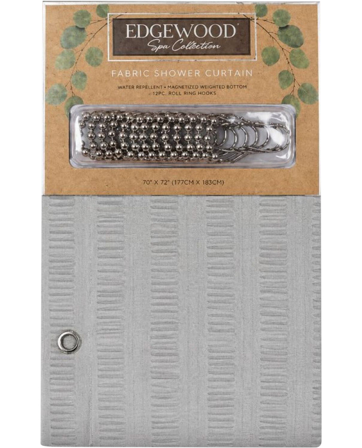 Fabric shower curtain with metal rings on Edgewood packaging