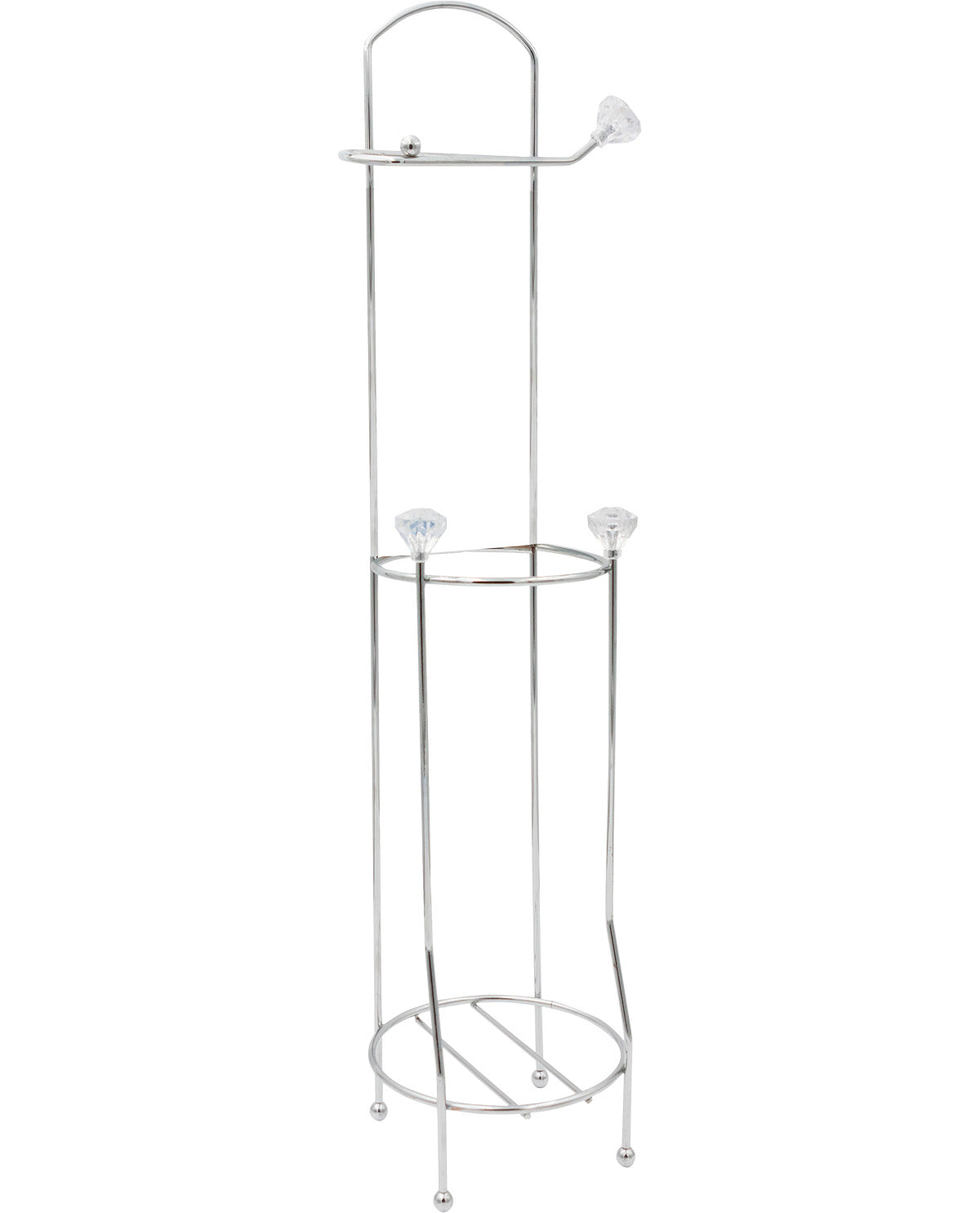 Chrome freestanding shower caddy with shelves on a white background