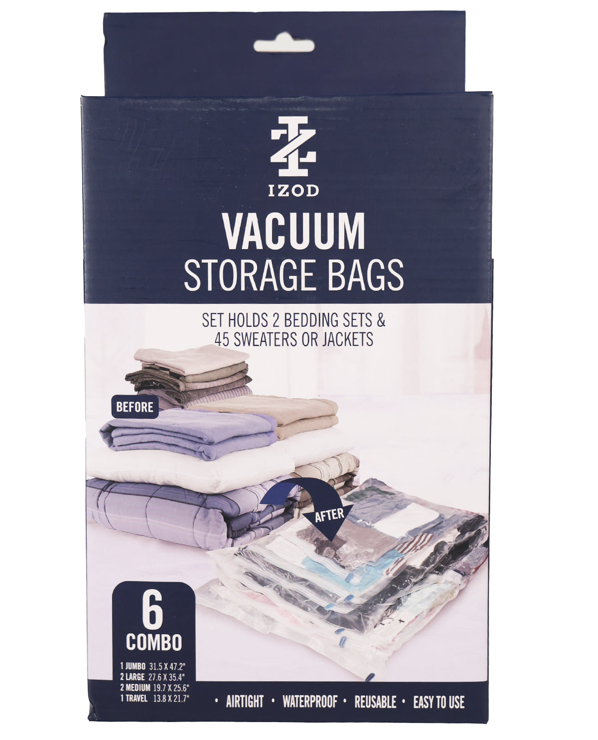 Izod Vacuum Storage Bags 6-piece combo set in its retail packaging, featuring navy blue and white packaging with a demonstration of 'before' and 'after' compressed and uncompressed bedding storage.