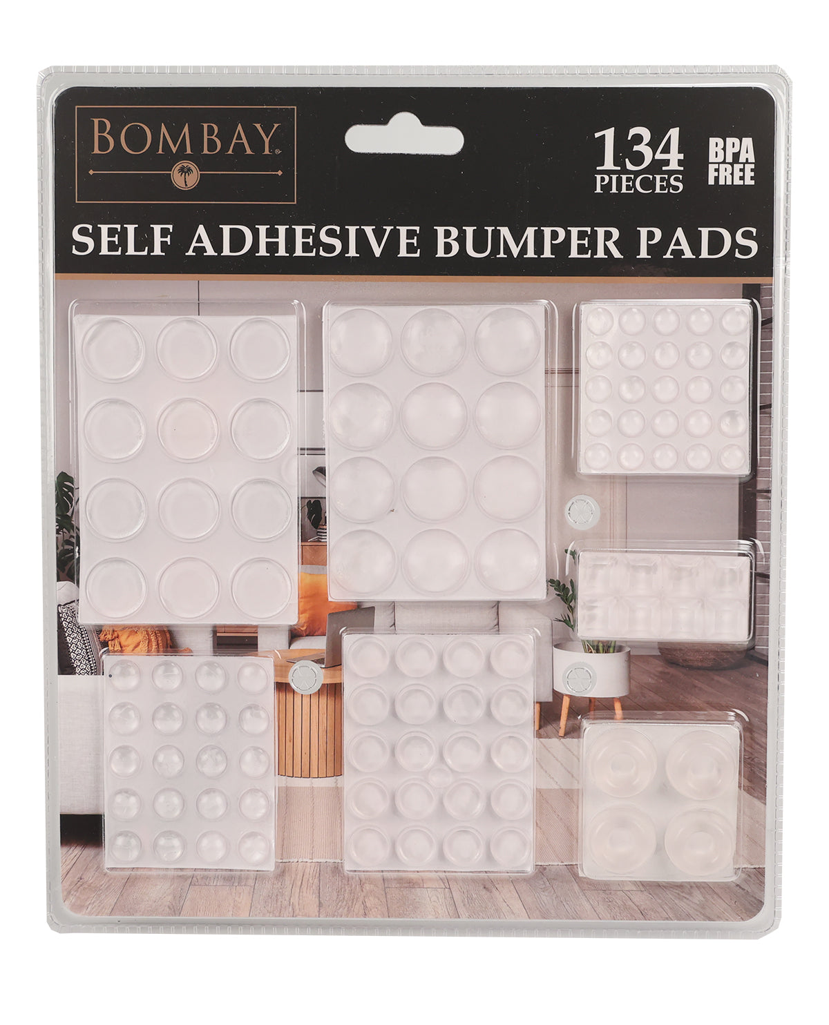Bombay brand 134-piece set of self-adhesive bumper pads in various sizes, packaged in a clear plastic blister pack with a black header card.