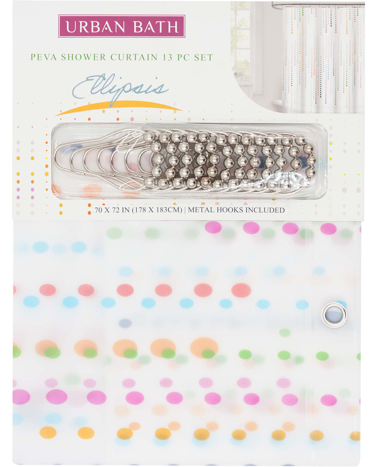 Shower curtain clip set packaging with colorful polka dot pattern