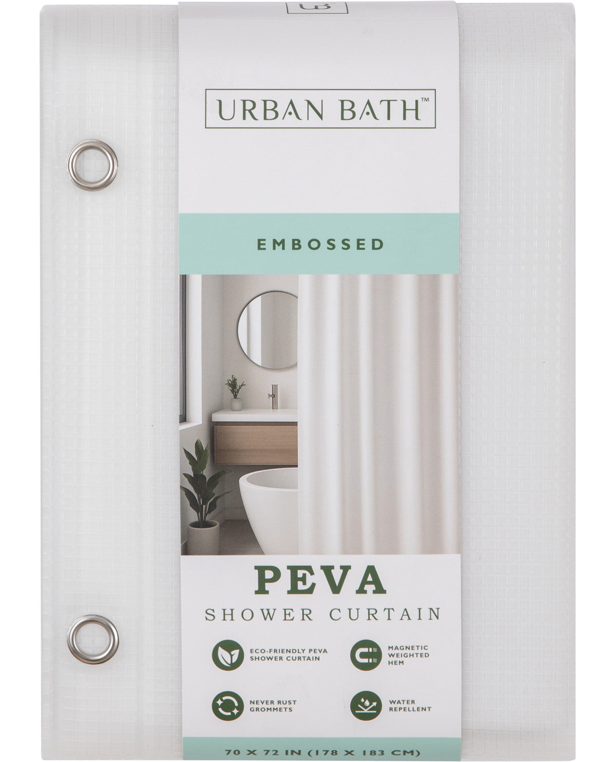 Packaging of Urban Bath PEVA shower curtain with a bathroom scene on the label.