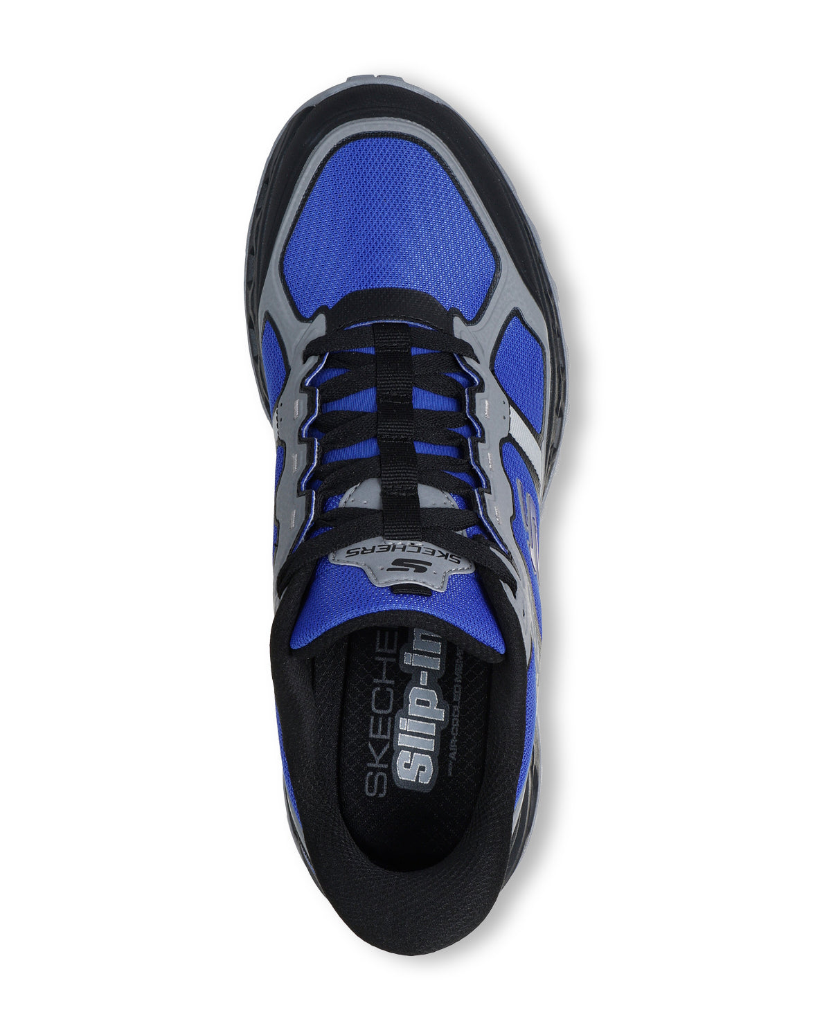 Blue and gray sneaker with black accents on a white background