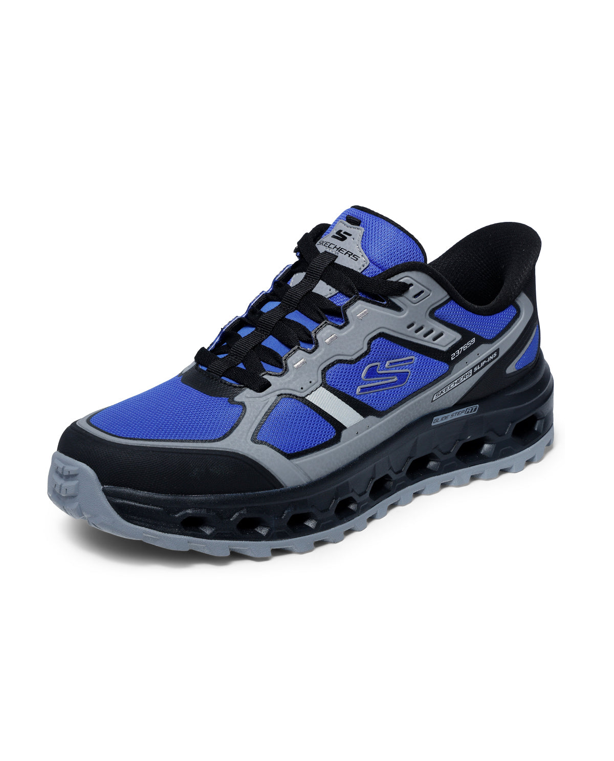 Blue and black athletic shoe on a white background