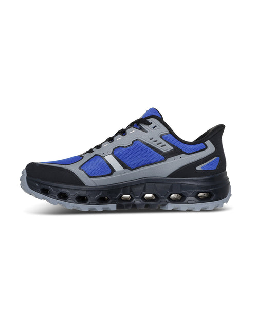 Blue and gray athletic shoe on a white background
