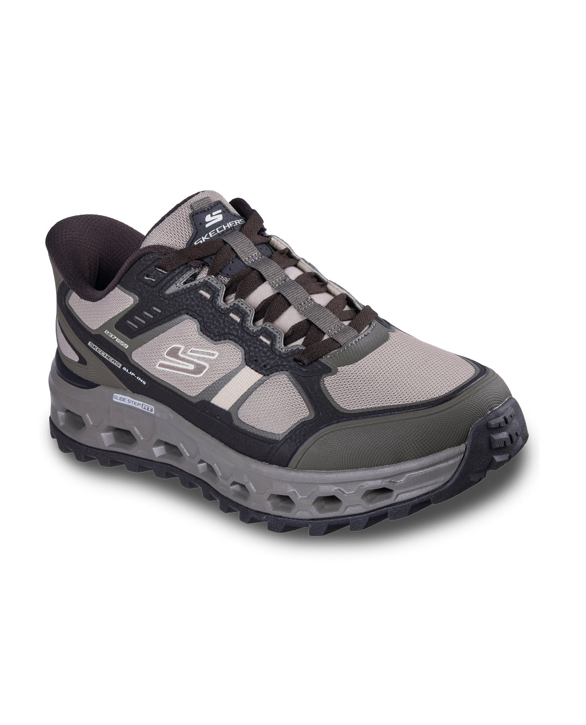 Gray and black athletic shoe on a white background