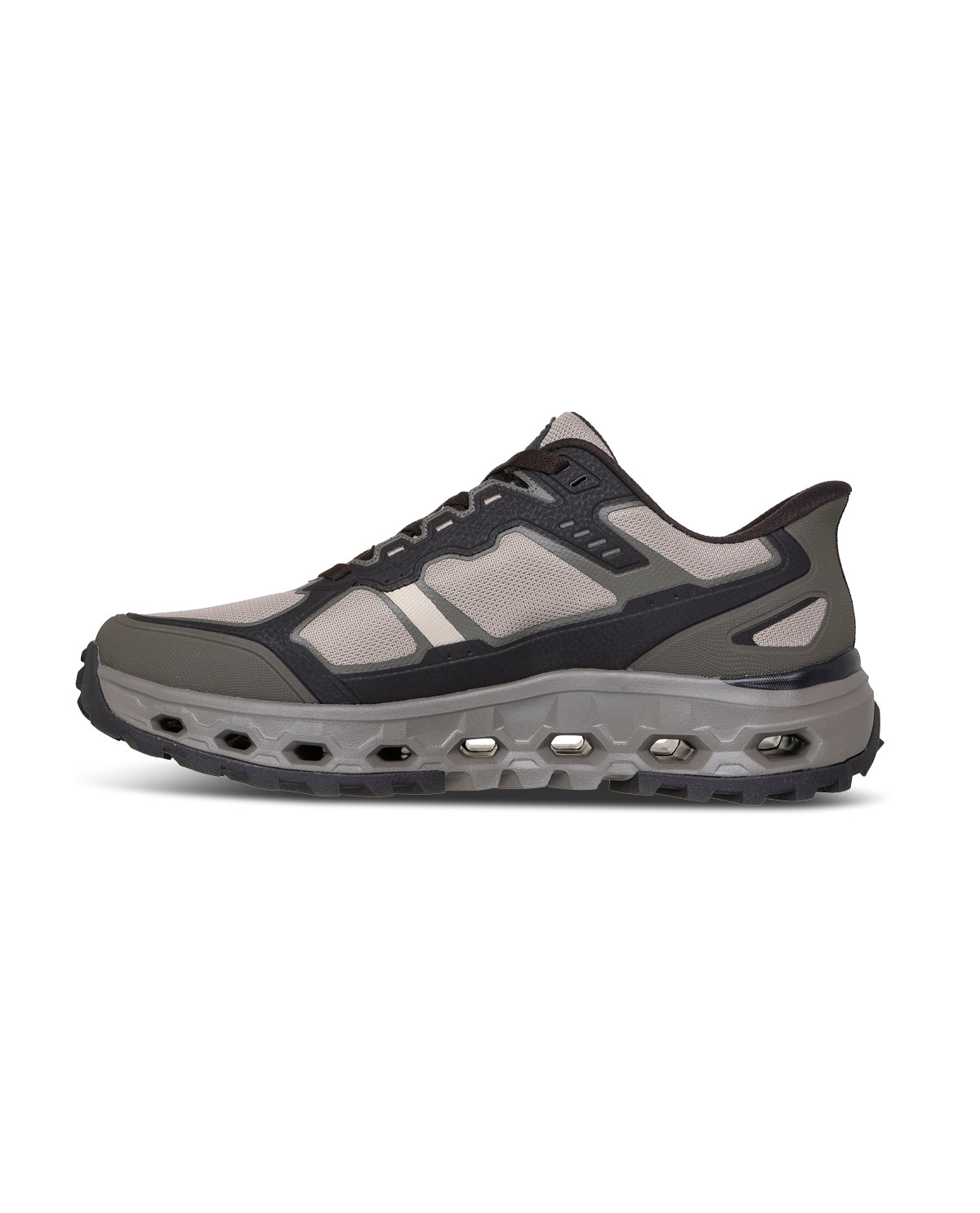 Black Skechers sneaker on a white background