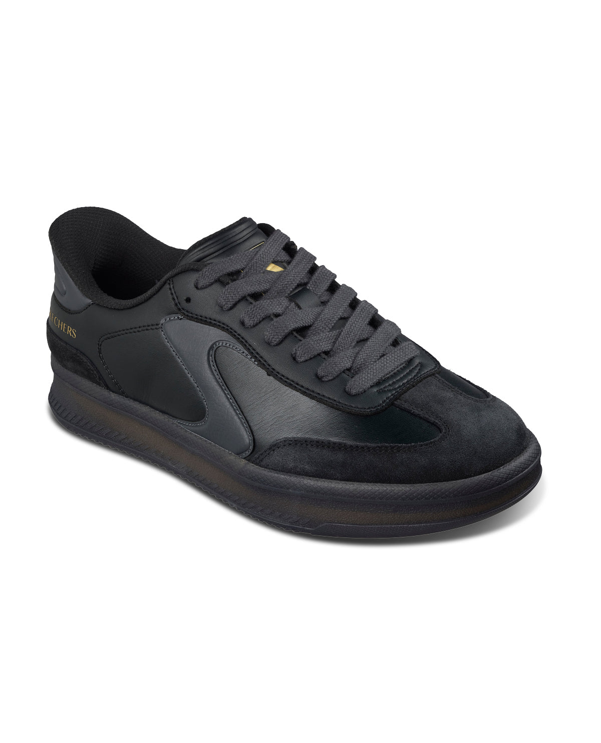 Black slip-on sneaker with Skechers logo on a white background