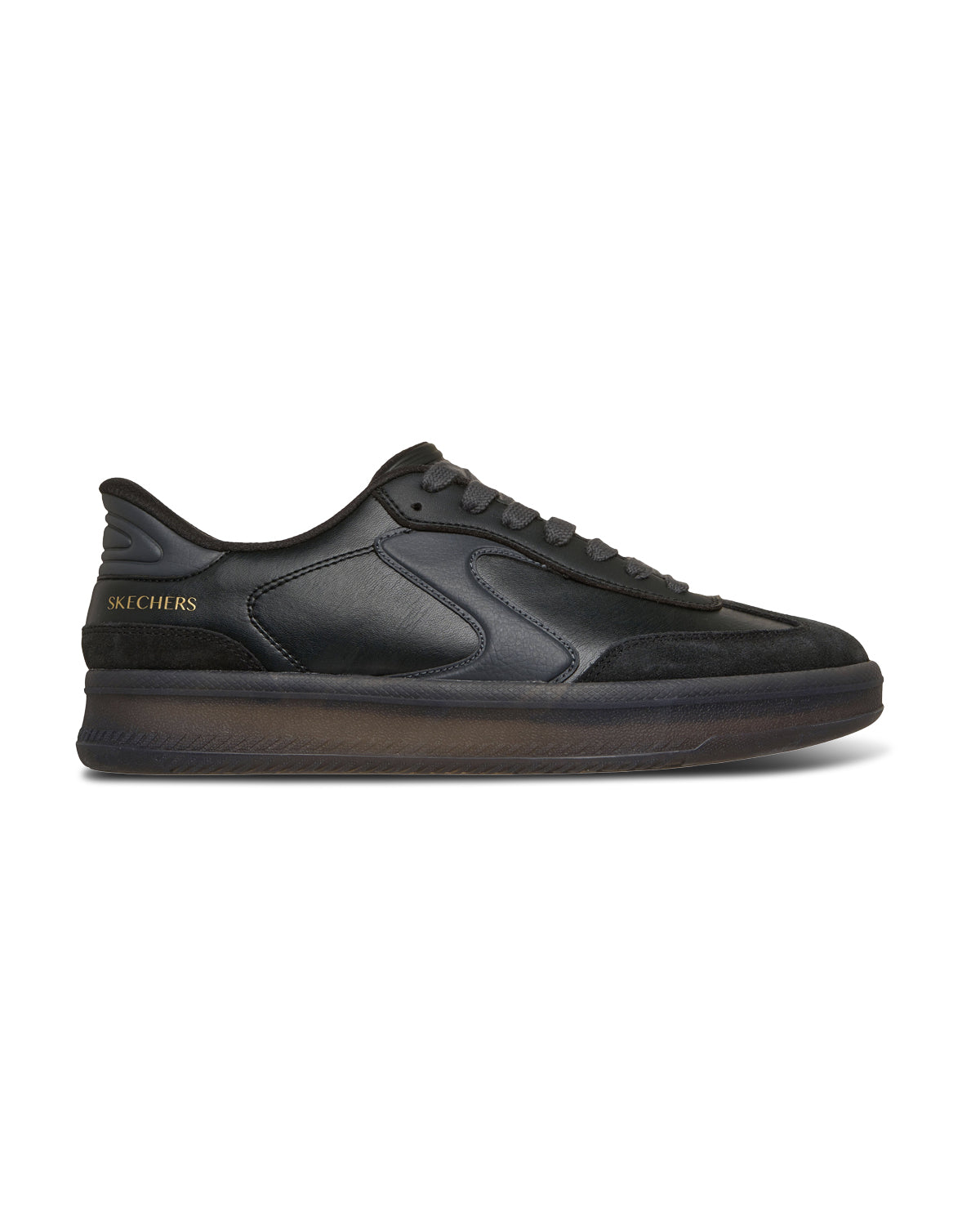 Black slip-on sneaker with Skechers logo on a white background